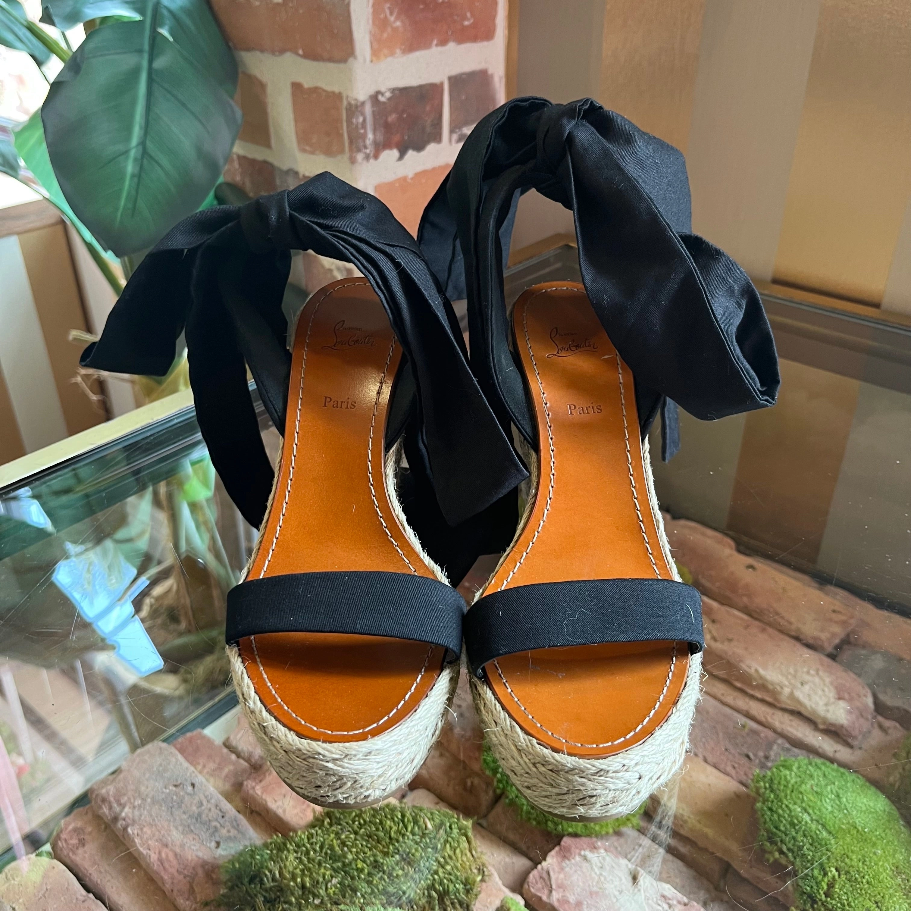 CHRISTIAN LOUBOUTIN Black Tie Espadrille Wedges SZ 40