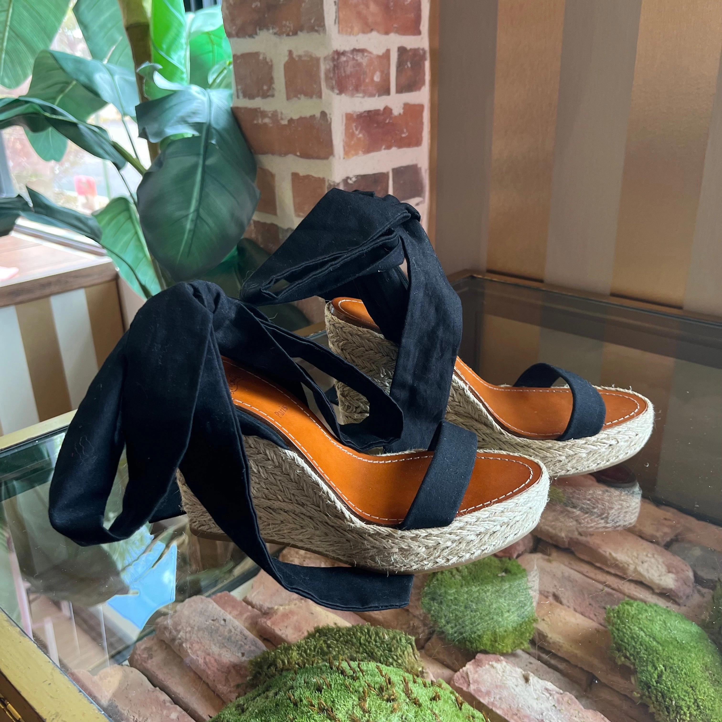 CHRISTIAN LOUBOUTIN Black Tie Espadrille Wedges SZ 40