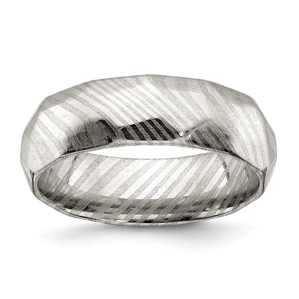 Damascus Steel Polished Faceted 7mm Band | SR679