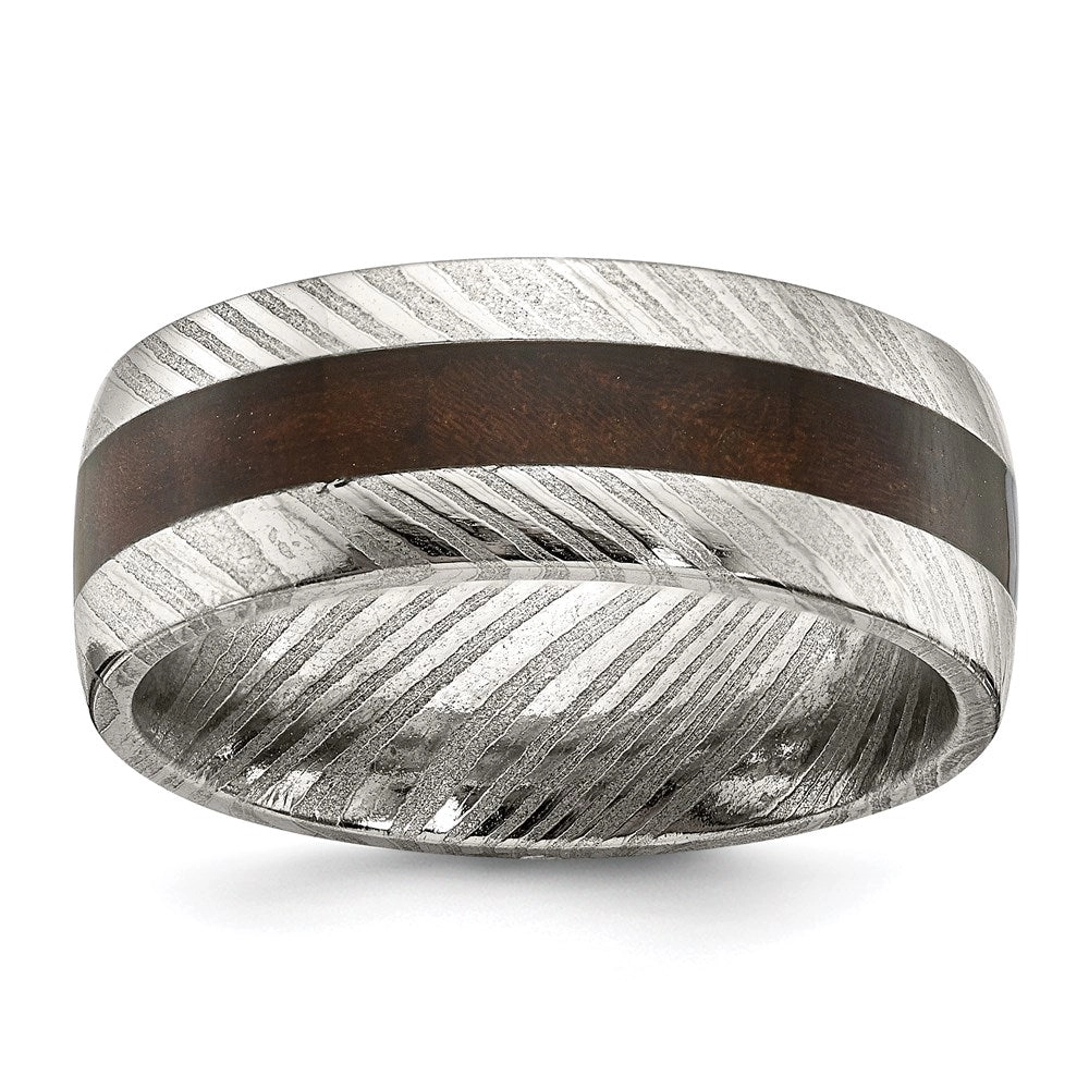 Damascus Steel Polished with Wood Inlay 8mm Band | SR678