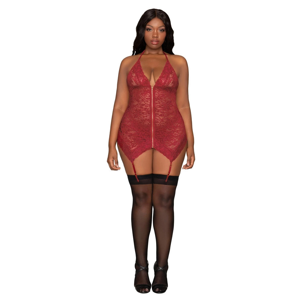 Dreamgirl Lingerie Stretch Lace Garter Slip & G-String Set Garnet 12488X