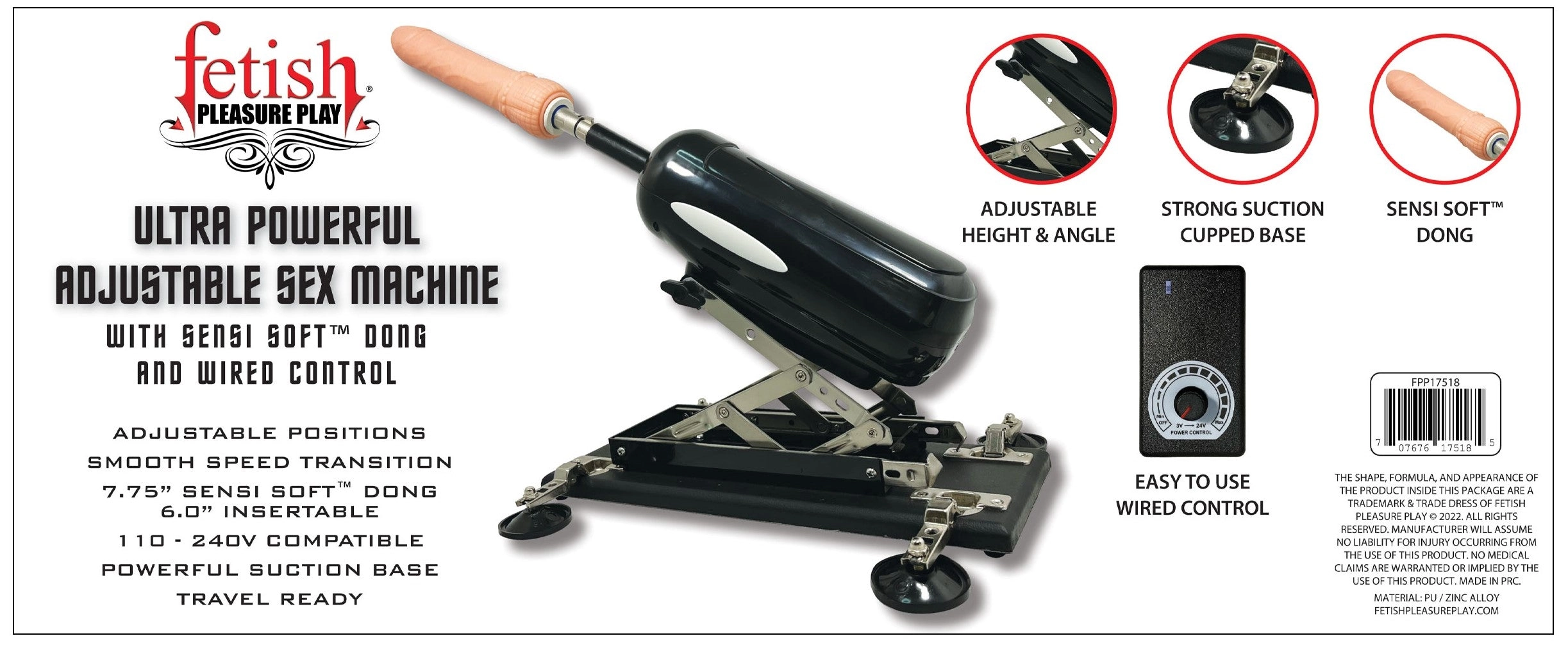 Fetish Pleasure Play Ultra Powerful Adjustable Travel Sex Machine