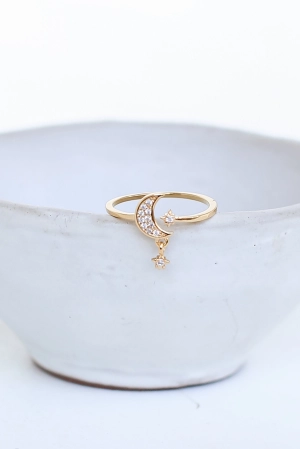 FINAL SALE - Raven Gold Rhinestone Moon   Star Ring