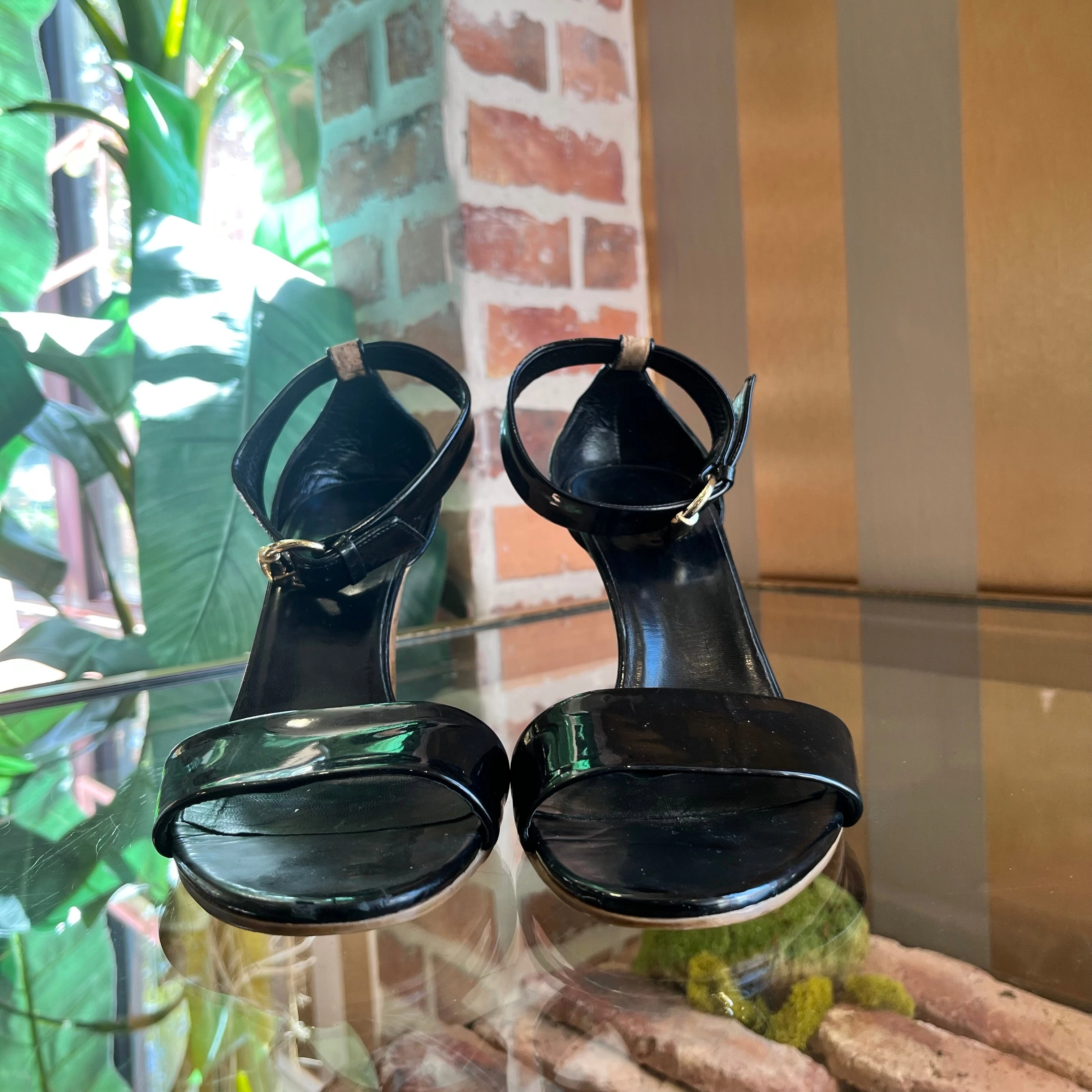 GUCCI Black Vitello Vernice Cork Ankle Strap Sandals Wedges SZ9B