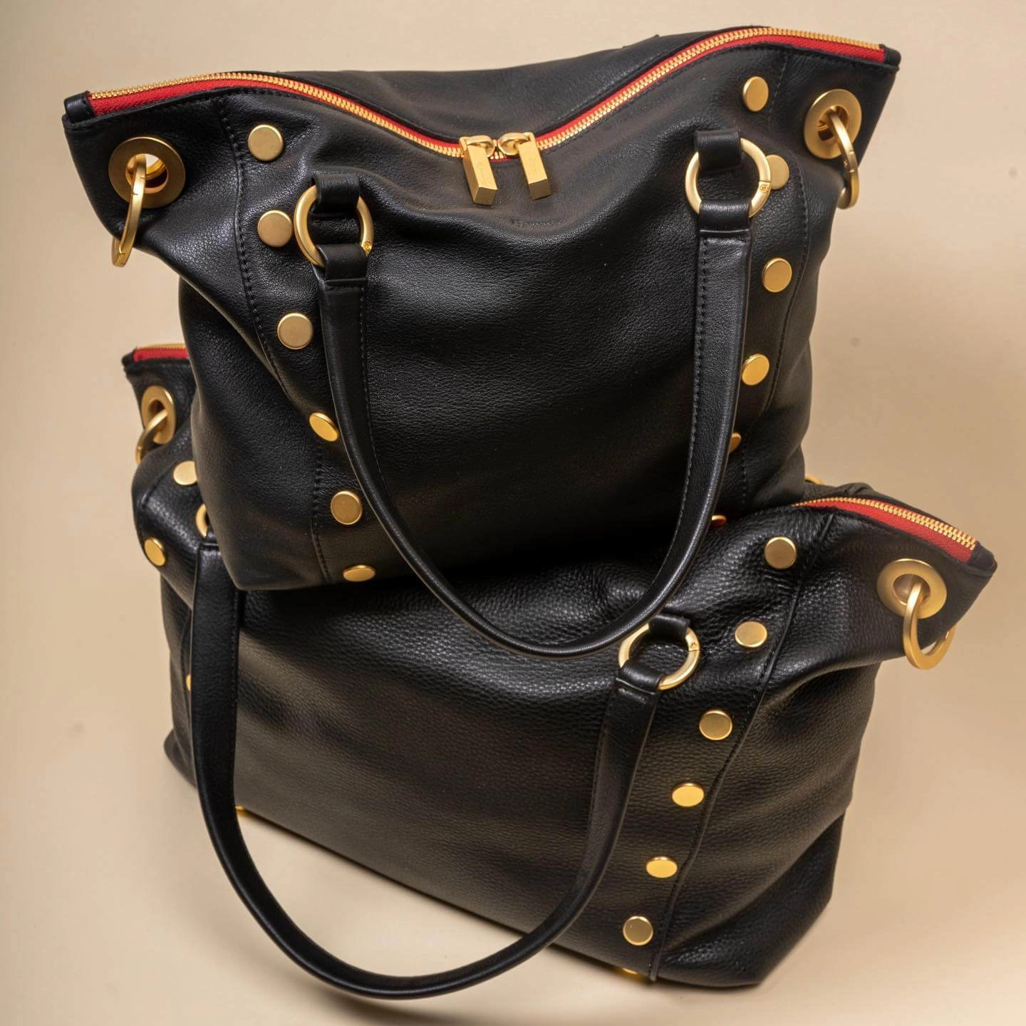 Hammitt Daniel Lrg Leather Tote Bag Black/Brushed Gold Red Zip