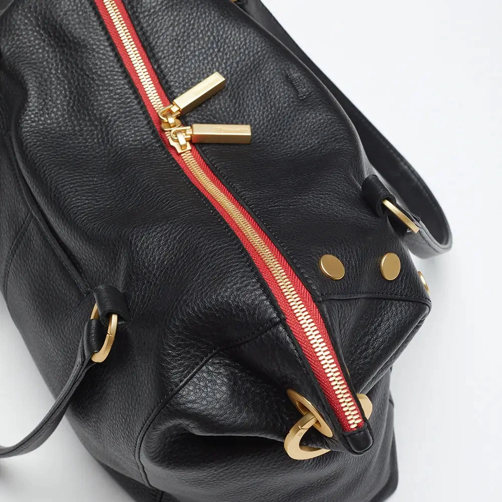 Hammitt Daniel Lrg Leather Tote Bag Black/Brushed Gold Red Zip