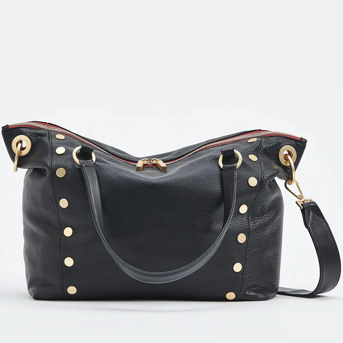 Hammitt Daniel Lrg Leather Tote Bag Black/Brushed Gold Red Zip
