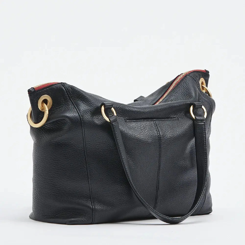 Hammitt Daniel Lrg Leather Tote Bag Black/Brushed Gold Red Zip