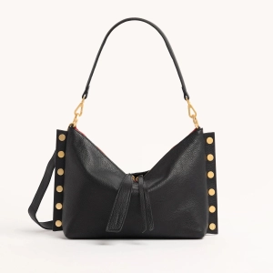Hammitt Mr. G Med Leather Shoulder Bag Black/Brushed Gold Red Zip