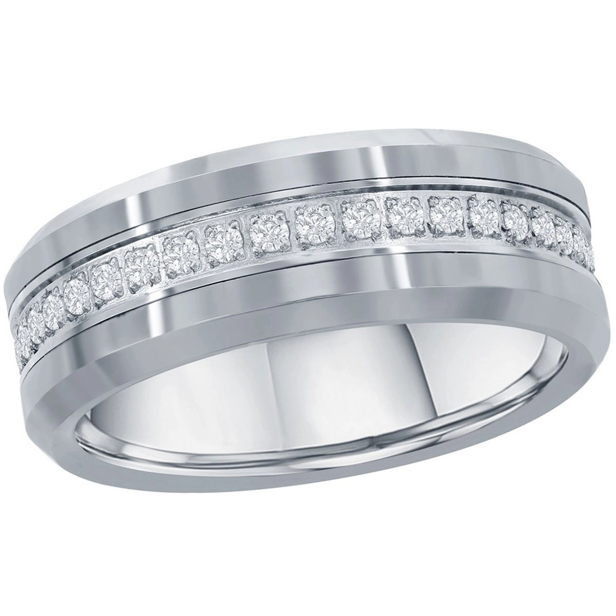 Men's Ring - Polished Silver CZ Eternity Tungsten Band, Size 13 | SW-2081-13