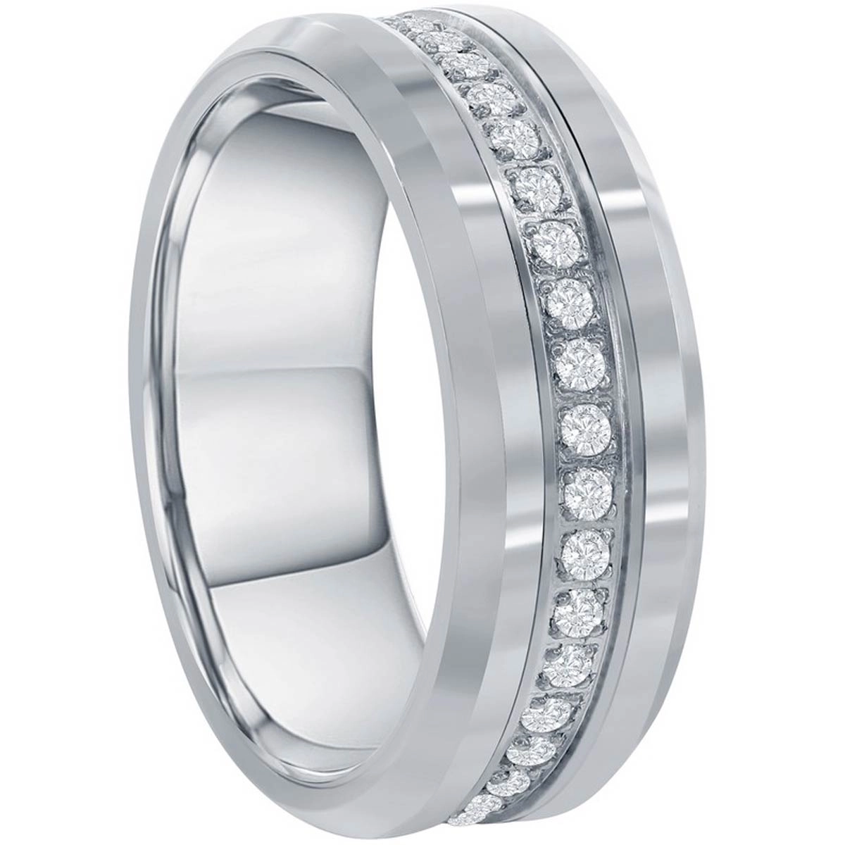 Men's Ring - Polished Silver CZ Eternity Tungsten Band, Size 13 | SW-2081-13