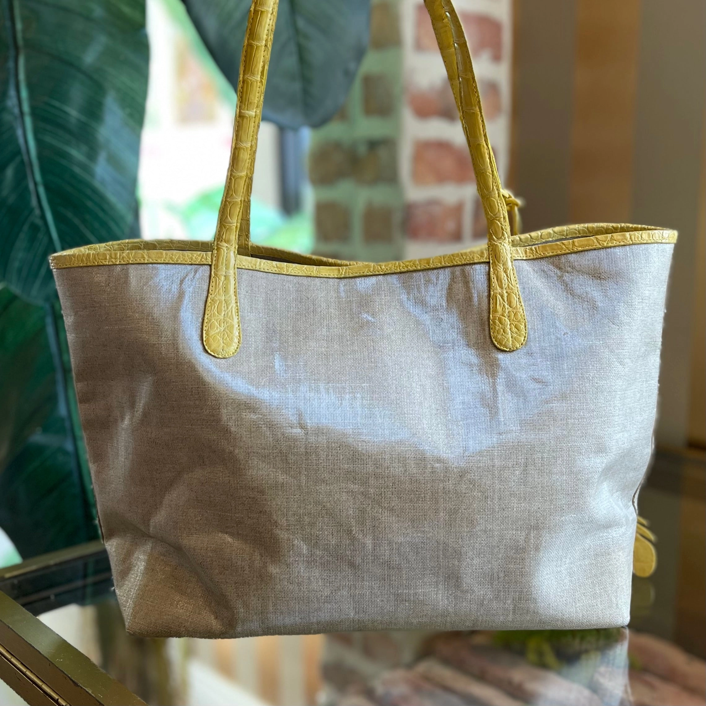 NANCY GONZALEZ Yellow Beige Coated Linen Crocodile Medium Erica Shopper Tote TS3453