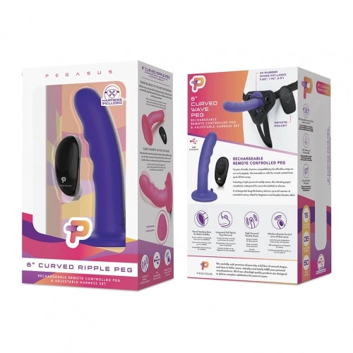 Pegasus Remote Control 6 Inch Curved Wave Silicone Peg With Harness - Purple
