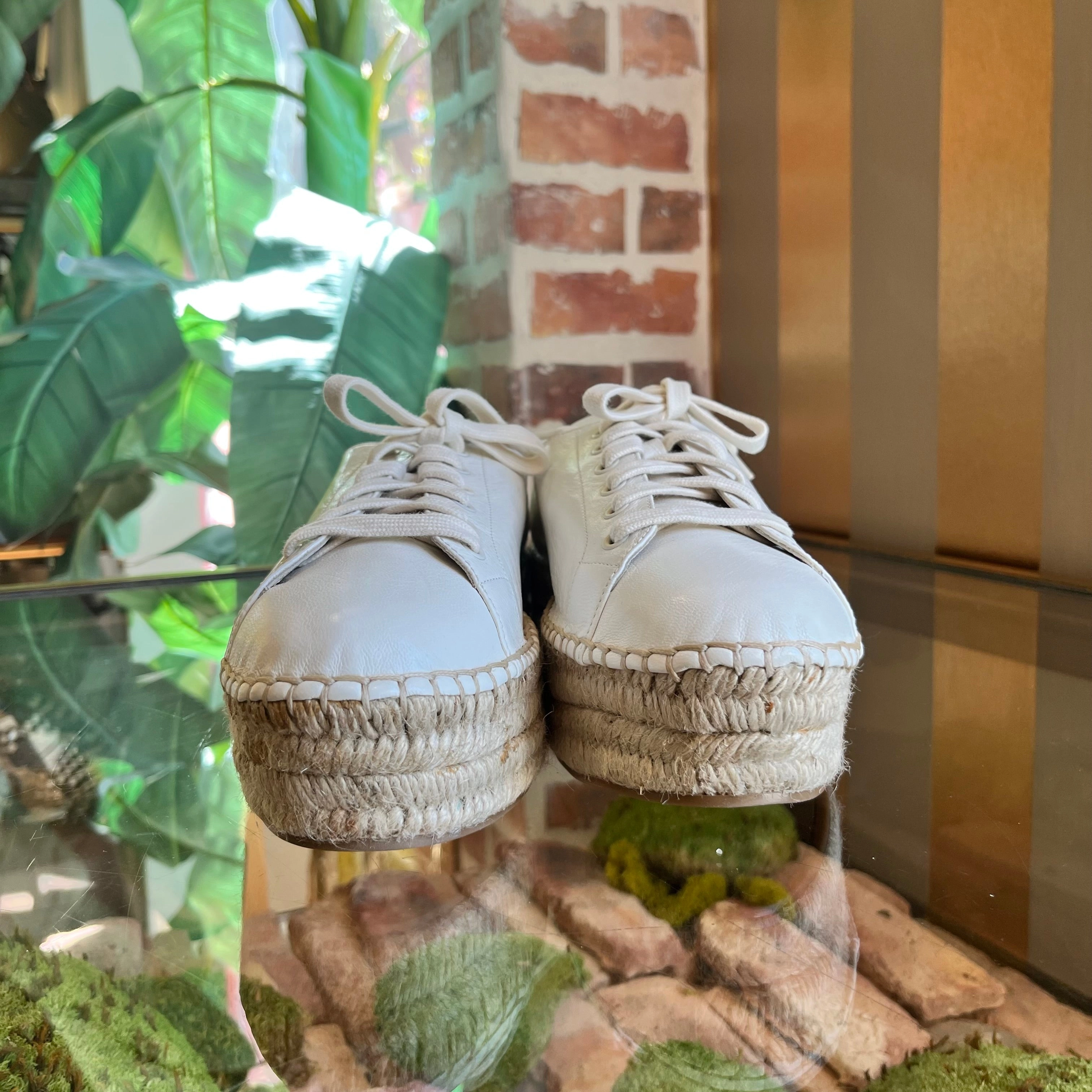 PRADA White Nappa Leather Platform Lace Up Espadrille Sneakers SZ41(11US)