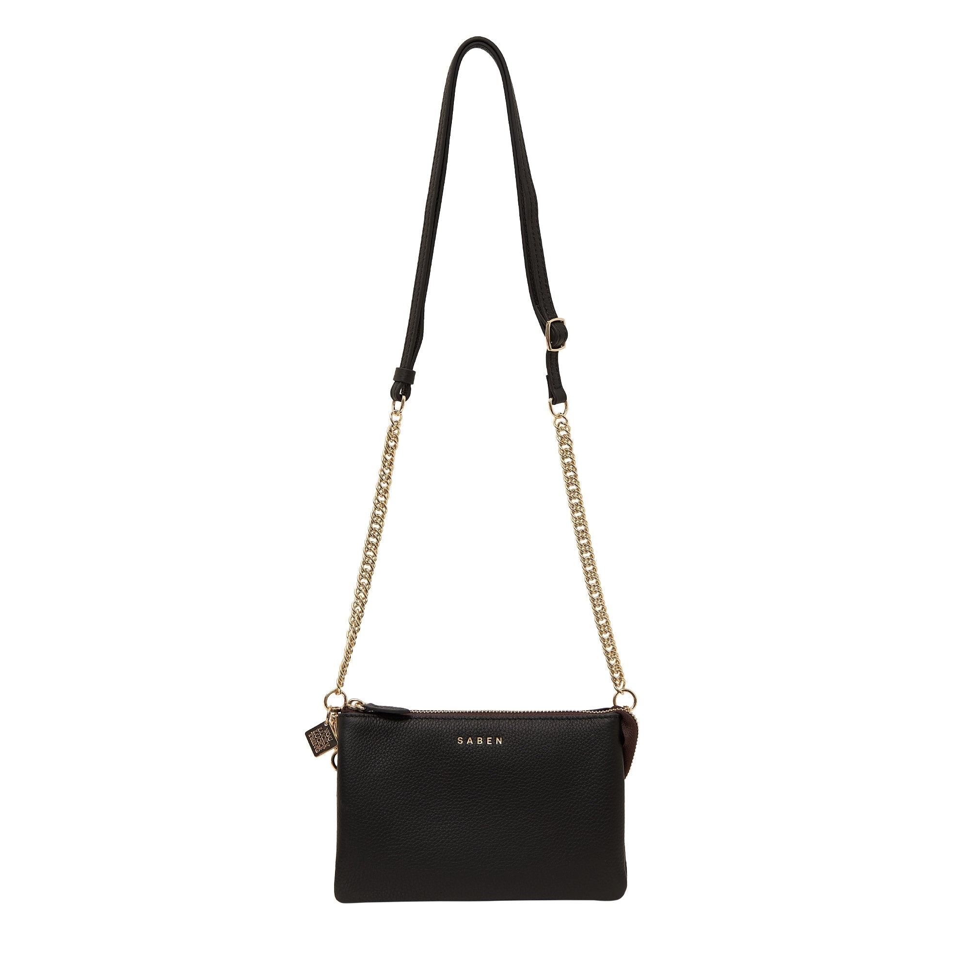 Saben Feature Strap Chain Gold Curb   Black Leather