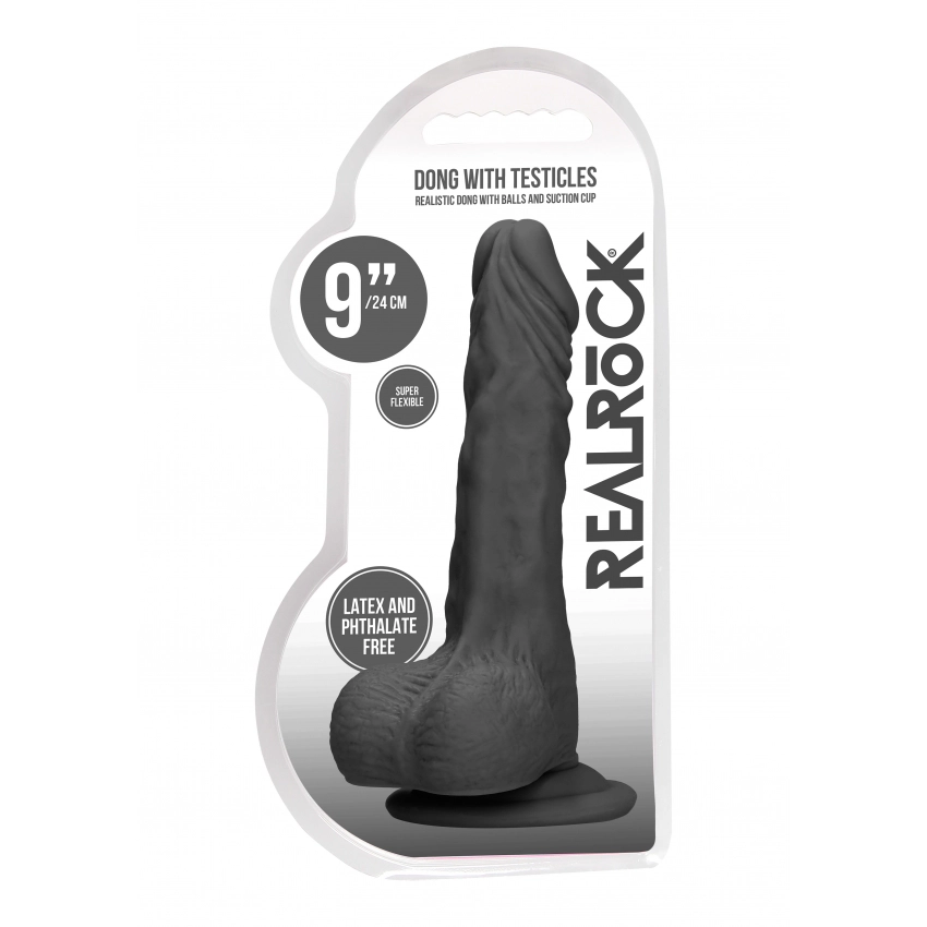 Shots Real Rock Skin Dong With Balls 9 Inch - Black