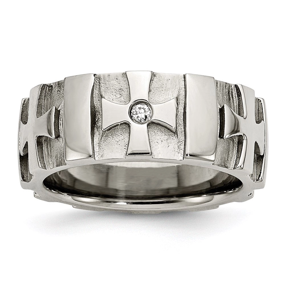 Stainless Steel Crosses w/Diamond 9.00mm Brushed & Polished Band | SR67AA
