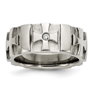 Stainless Steel Crosses w/Diamond 9.00mm Brushed & Polished Band | SR67AA