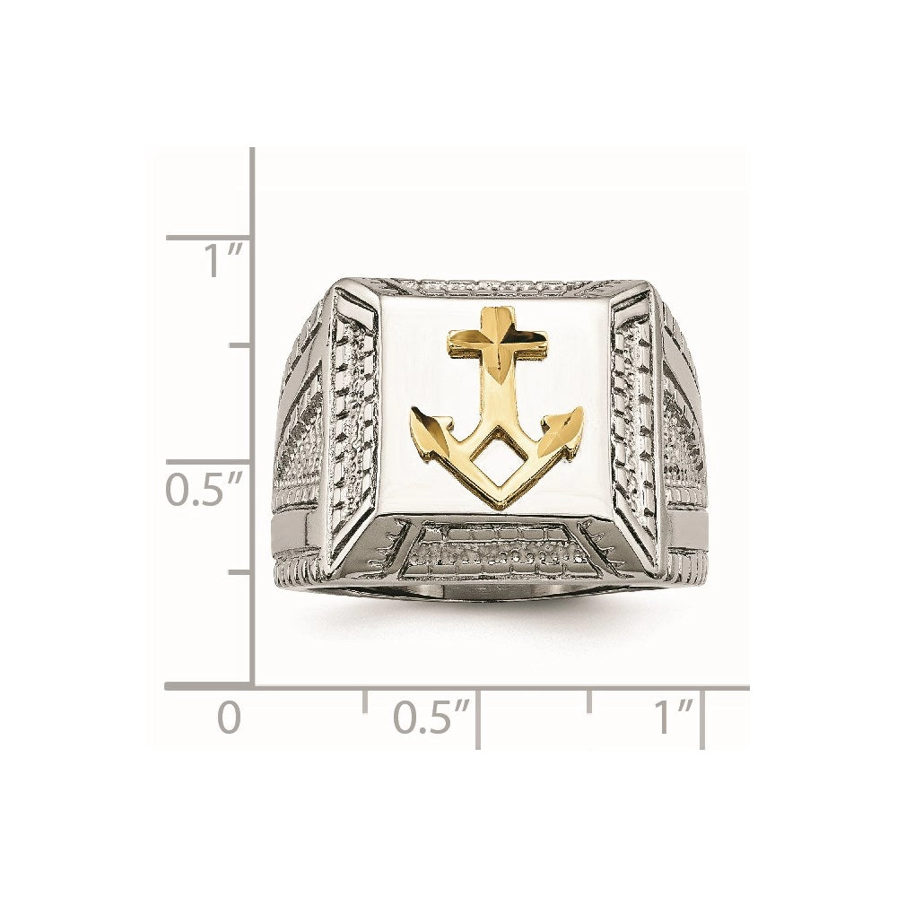 Stainless Steel Polished Yellow IP-plated w/ Sterling Silver Anchor Ring | SR471