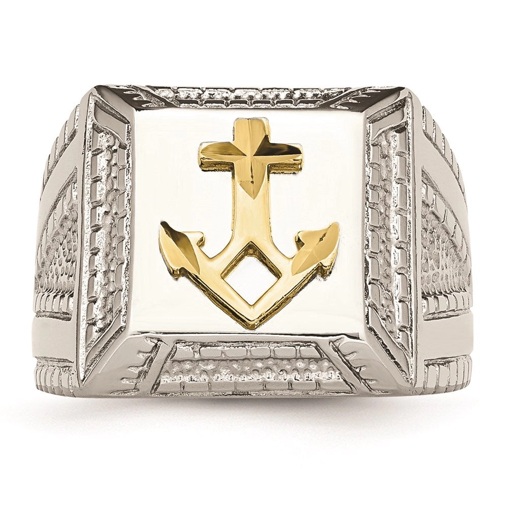 Stainless Steel Polished Yellow IP-plated w/ Sterling Silver Anchor Ring | SR471