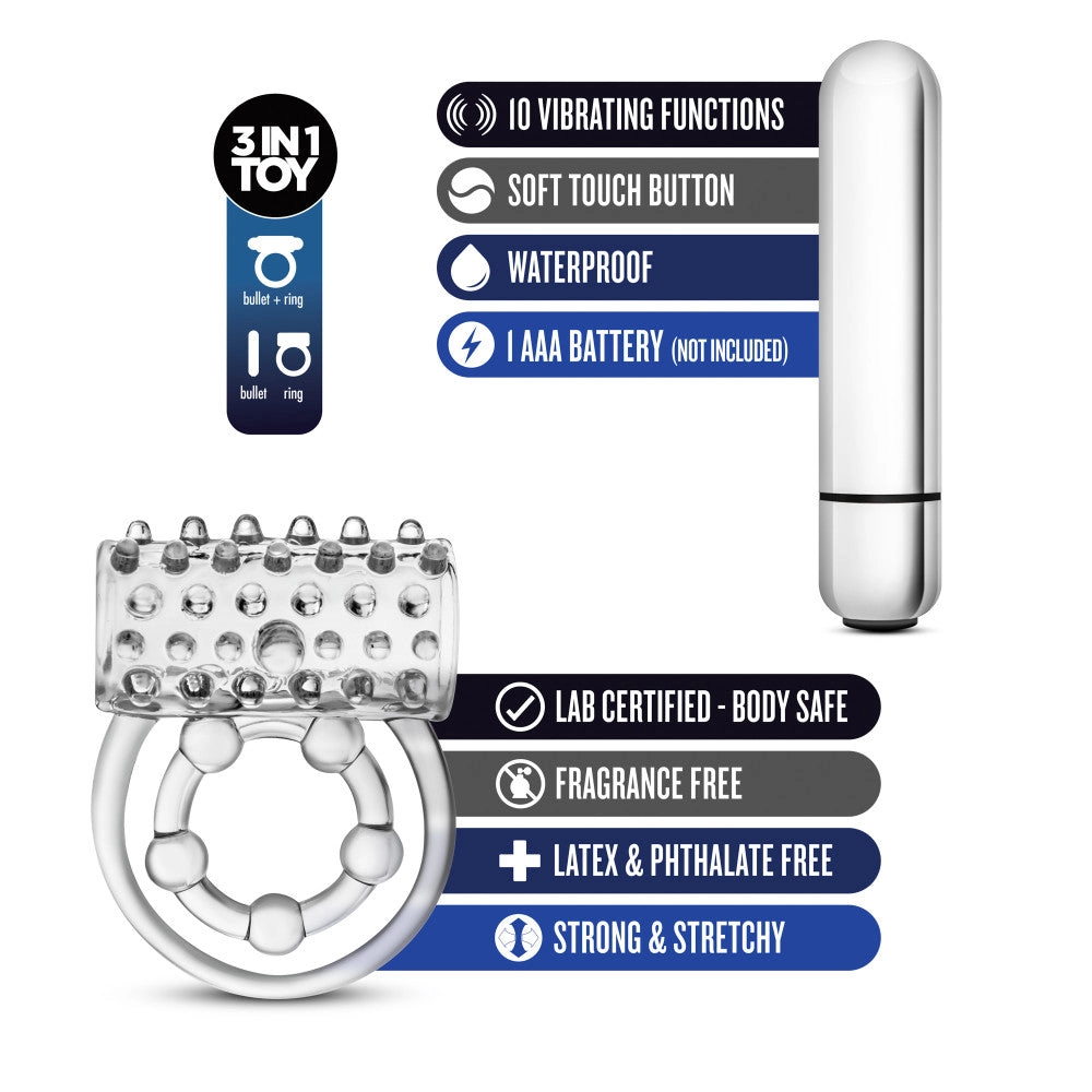 Stay Hard By Blush® | Super Clitifier: 3-In-1 Clear 10-Function Vibrating Penis Ring
