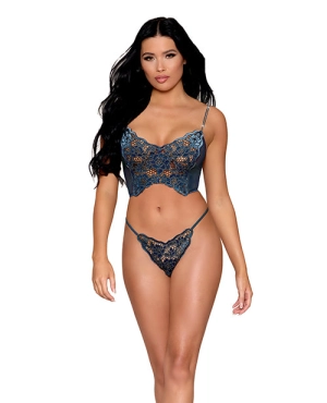 Velvet Applique Bustier with Metallic Silver Details & G-String - Twilight Blue