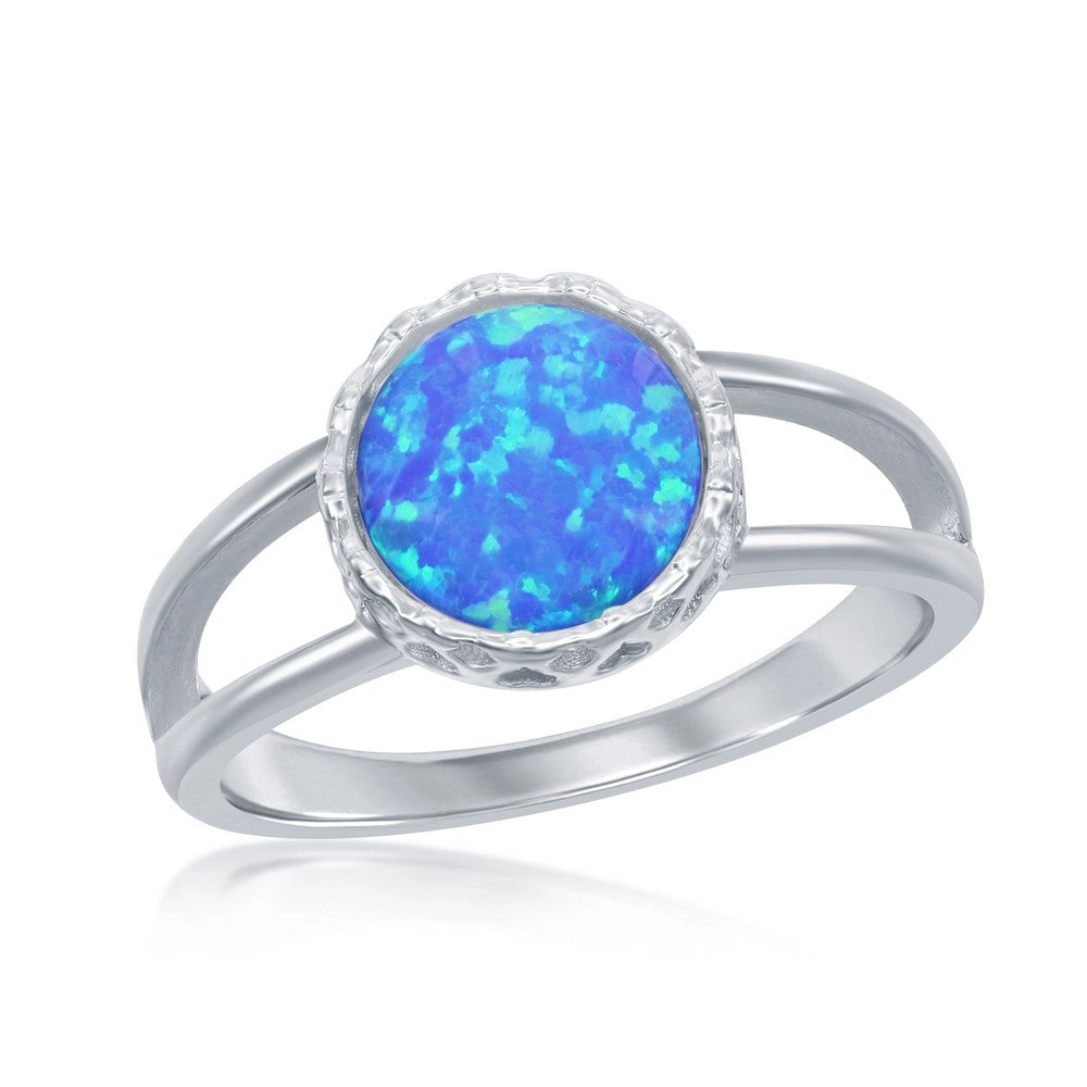Women's Ring - Sterling Silver Round Blue Opal Open Band, Size 9 | W-2526-9